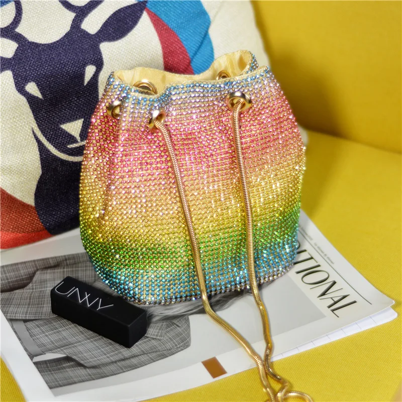 

Crystal Bucket Bag for Women Multicolor Rhinestone rainbow Beaded Ladies Handbag New 2020 Luxury designer Shoulder Bag