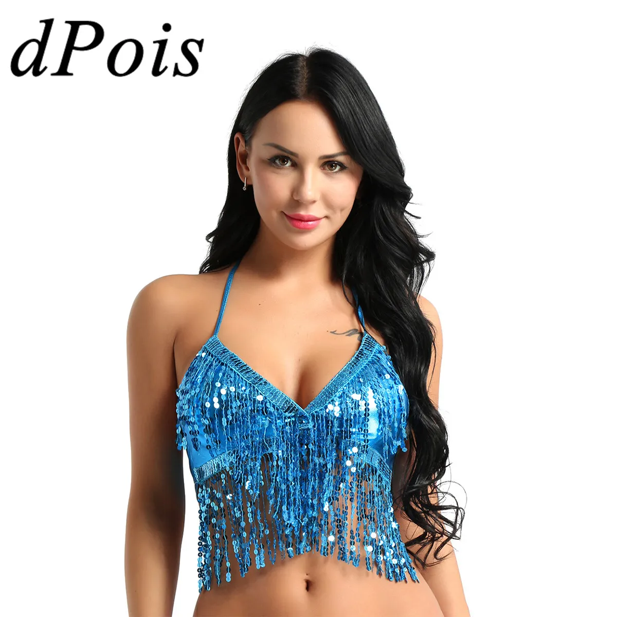 

Women Latin Belly Lyrical Praise Dance Bra Top Adults Sequins Fringe Halter Neck Back Tie Up Party Nightclub Modern Show Costume