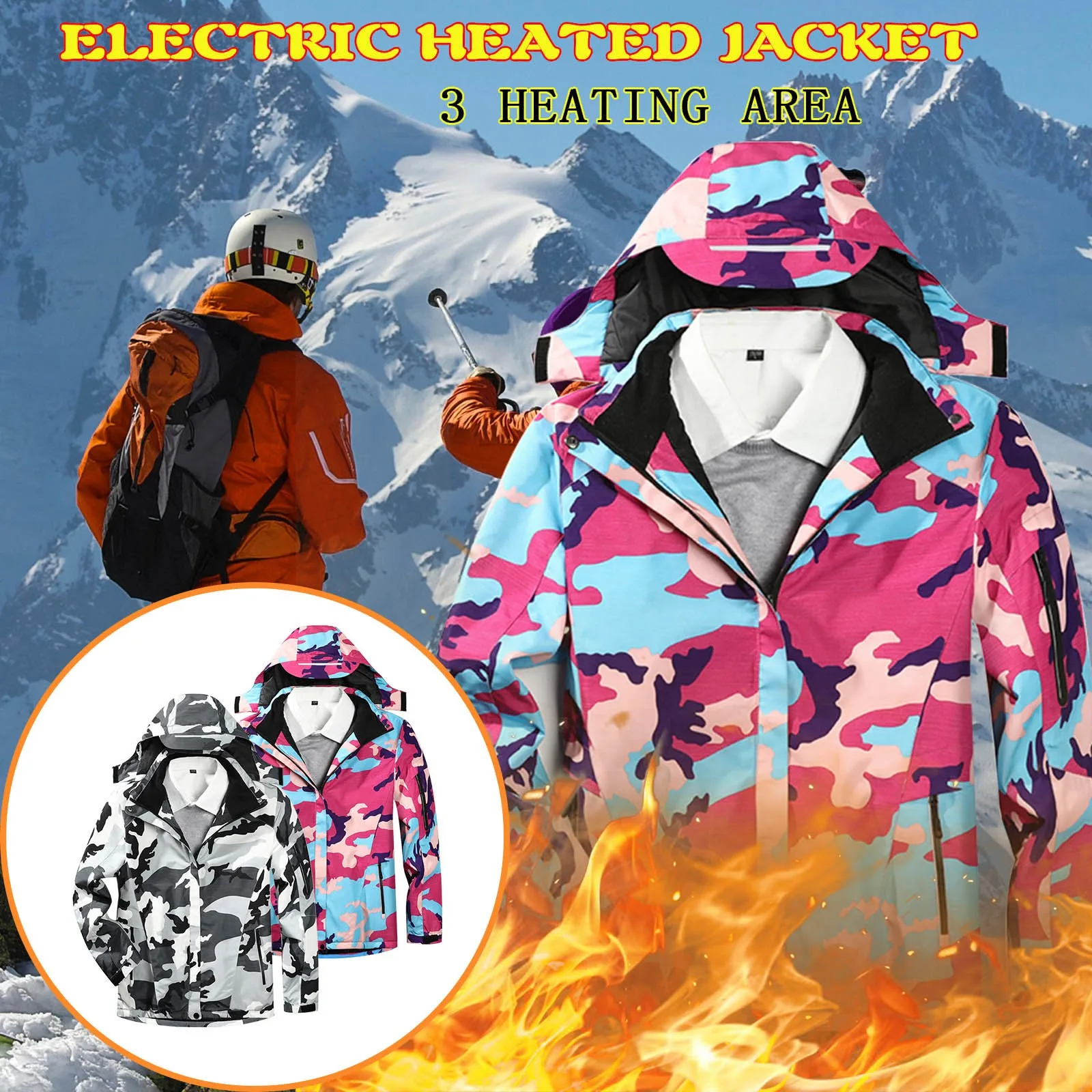 

Detachable Warm Camouflage Velvet With Windproof Jackets Color Hat Women Area Coat Heating USB 3 Charging Hiking Heating And