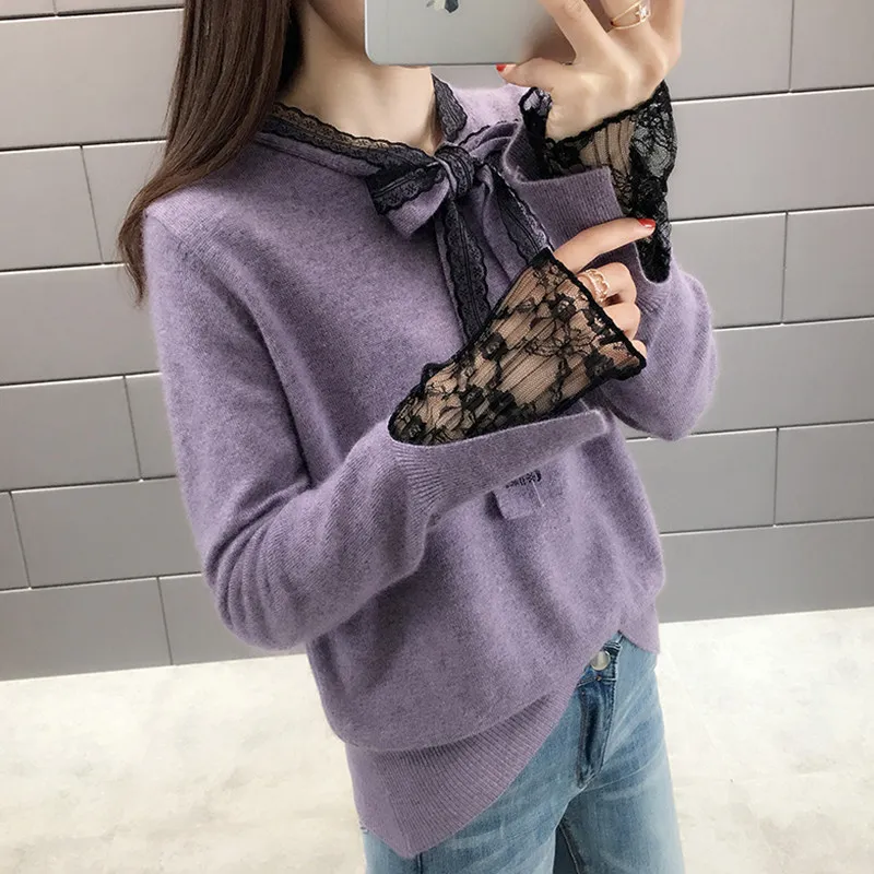 Осенне-зимние женские вязаные свитера 2019 повседневные кружевные лоскутные
