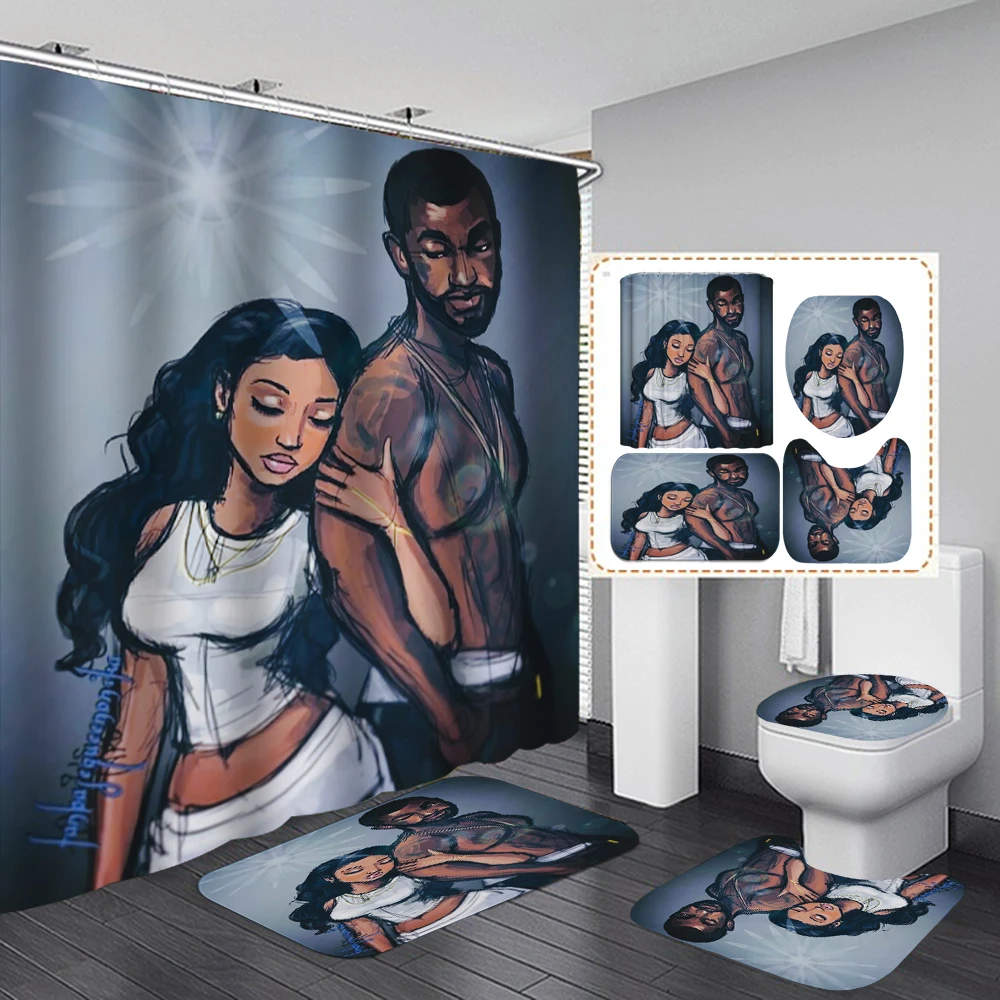 African American Men and Women Printed Shower Curtains Set Lovers Non Slip Rugs Carpet for Bathroom Toilet Flannel Bath Mat Set