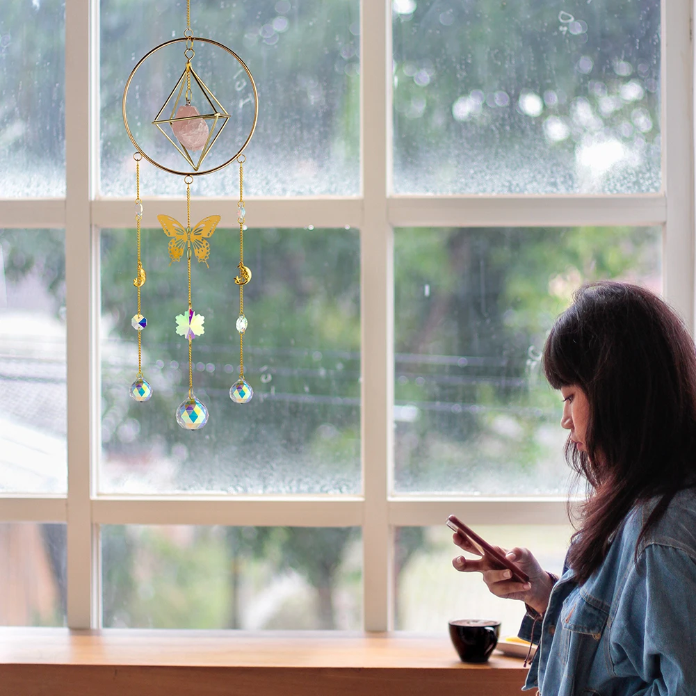 

Shiny Crystal Light Pendant Snowflake Lighting Prism Moon Star Round Frame Metal Frame Wind Chime Garden Decoration