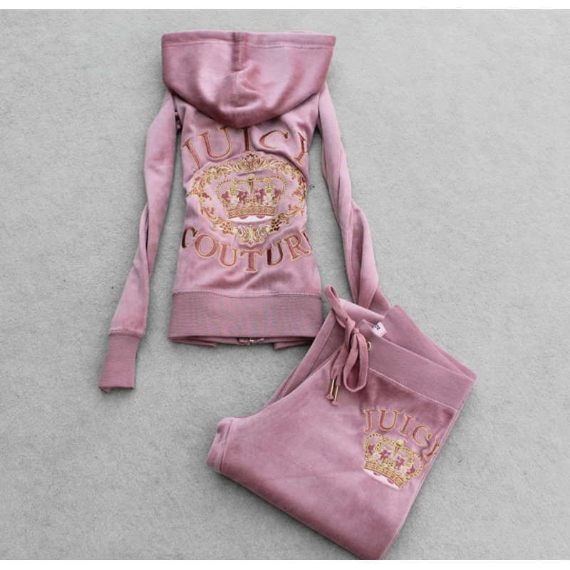 Spring 2022 Women's Fashion Activewear 2 Piece Sweatshirt Embroidered Pattern Hoodie Zip Top + Pants Velvet Activewear - XL