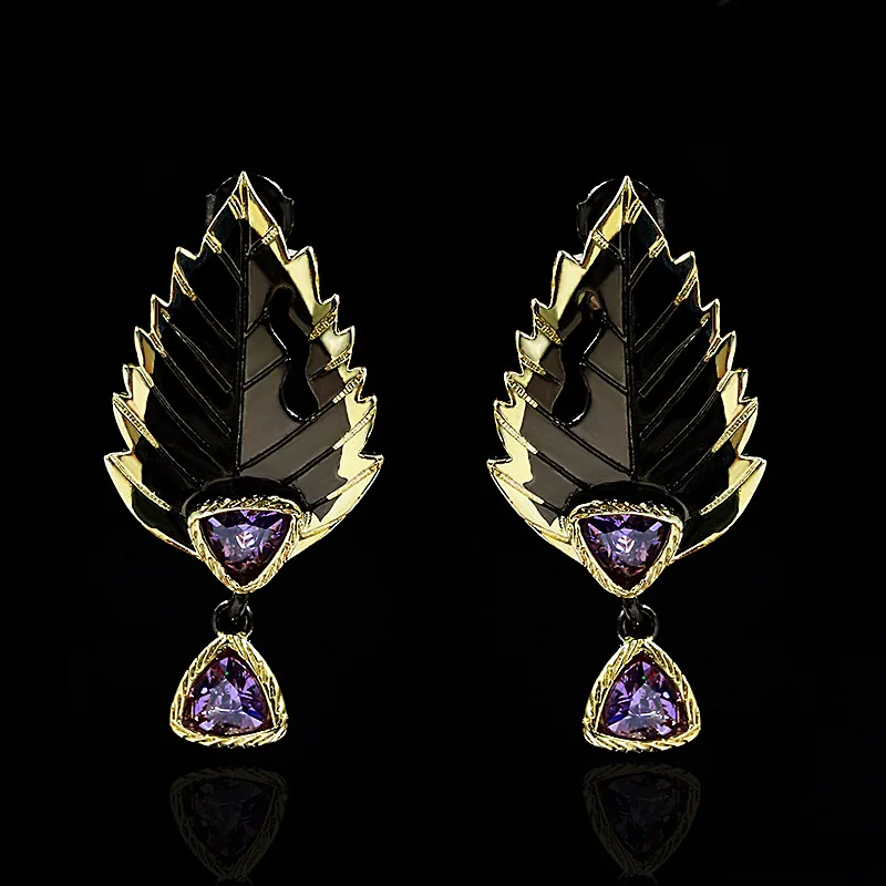 

BLACK ANGEL Exquisite Leaf Feather Shape Amethyst Stud Earrings for Women Luxury Original 925 Silver Double Color Ladies Jewelry