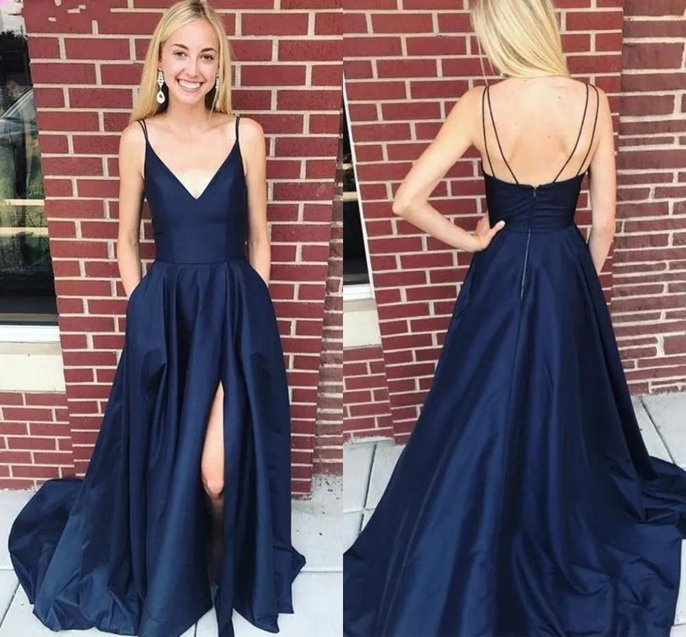

Navy Blue Sexy Side Split Prom Dresses Long with Pockets V Neck Backless Formal Evening Party Gowns Stain vestido de noche