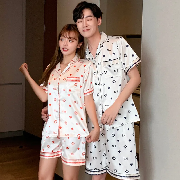 2021 New Summer Ice Silk Couple Pajamas Suit Short Sleeve Shorts Sleepwear Women's Homewear Female Nightwear Sleeping Wear
