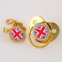 united kingdom flag gold luxury bling bling baby pacifier and chain clip chupete de bebe bpa free newborn infant for shower gift