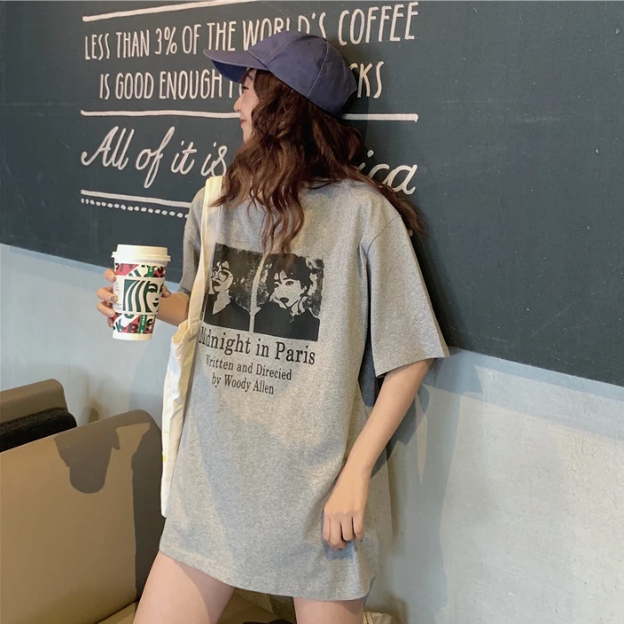 

Preppy Style Cartoon Printed Loose Short-Sleeved T-shirt for Women Ins Trendy Internet Celebrity Bottom Missing New Summer