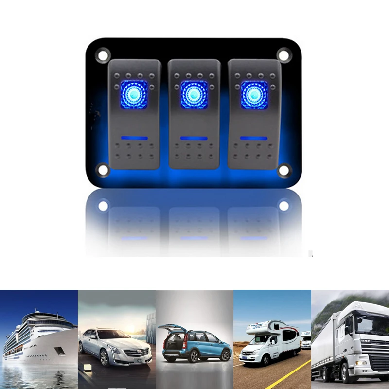 3 Gang кулисный переключатель Панель 12V/24V с синей подсветкой светодиодный