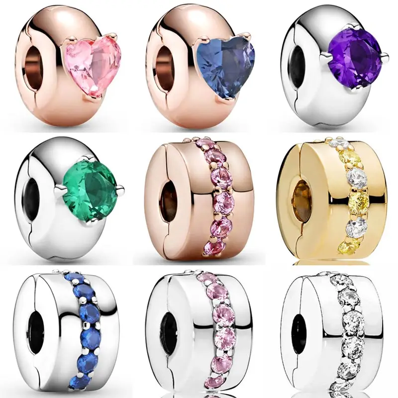 

Sparkling Shining Path Colorful Rose Round Solitaire Clip Stopper Charm 925 Sterling Silver Beads Fit fashion Bracelet Jewelry