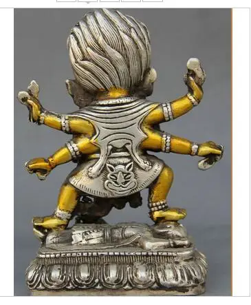 

decoration copper silver factory outlets Tibet Buddhism Silver Gilt 6 Arms Mahakala Wrathful Deity Buddha Seat Statue