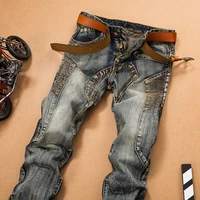 male straight casual designer many multi pocket comfortable mens jeans pants splicing jean denim trousers biker high quality
