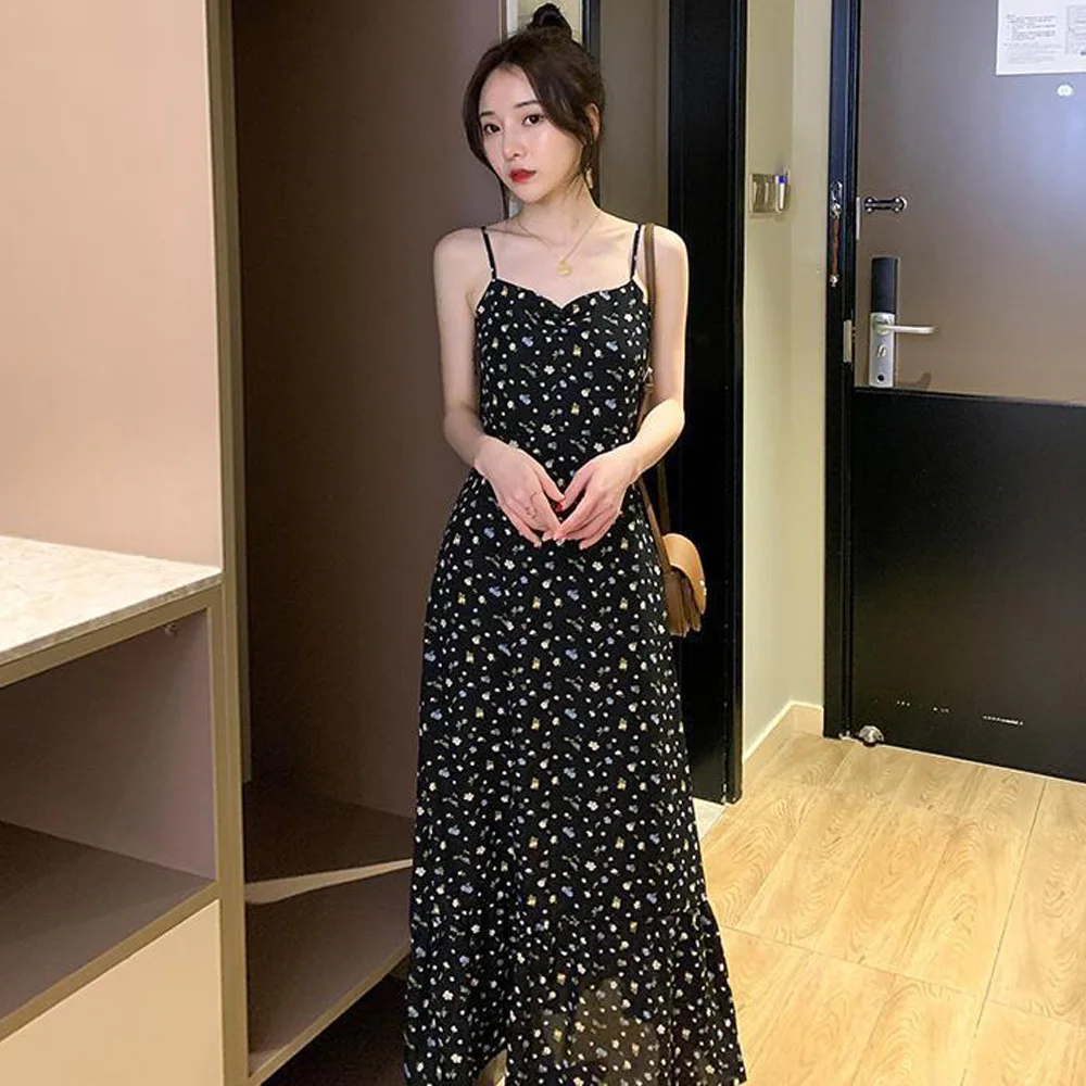 

Summer V Neck Dress Women 2021 Beach Flowers Sexy Elegant Party Floral Sleeveless Black Spaghetti Strap Midi Dresses Sundress