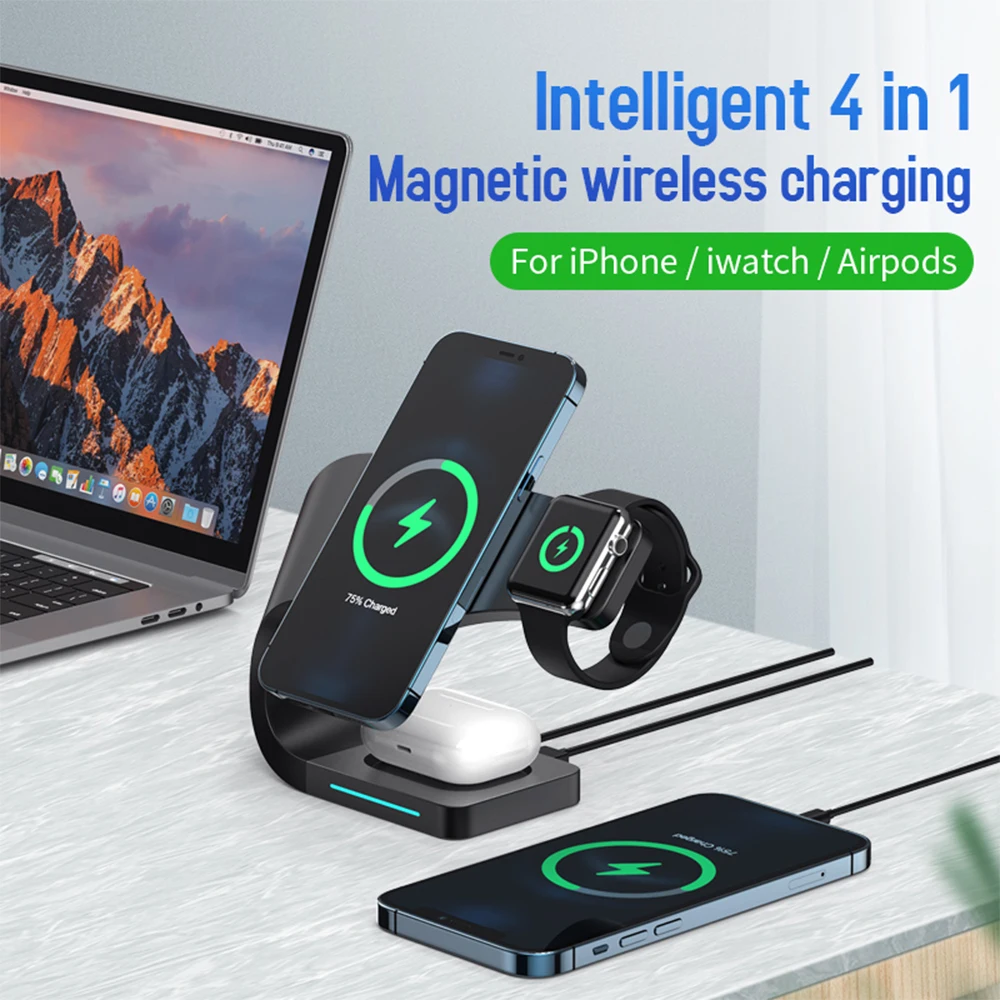 

15W Quick Charge QI 4-in-1 Absorption Magnetic Wireless Charger for iPhone 12 iWatch Airpods USB Fast Charging Wireless Charger