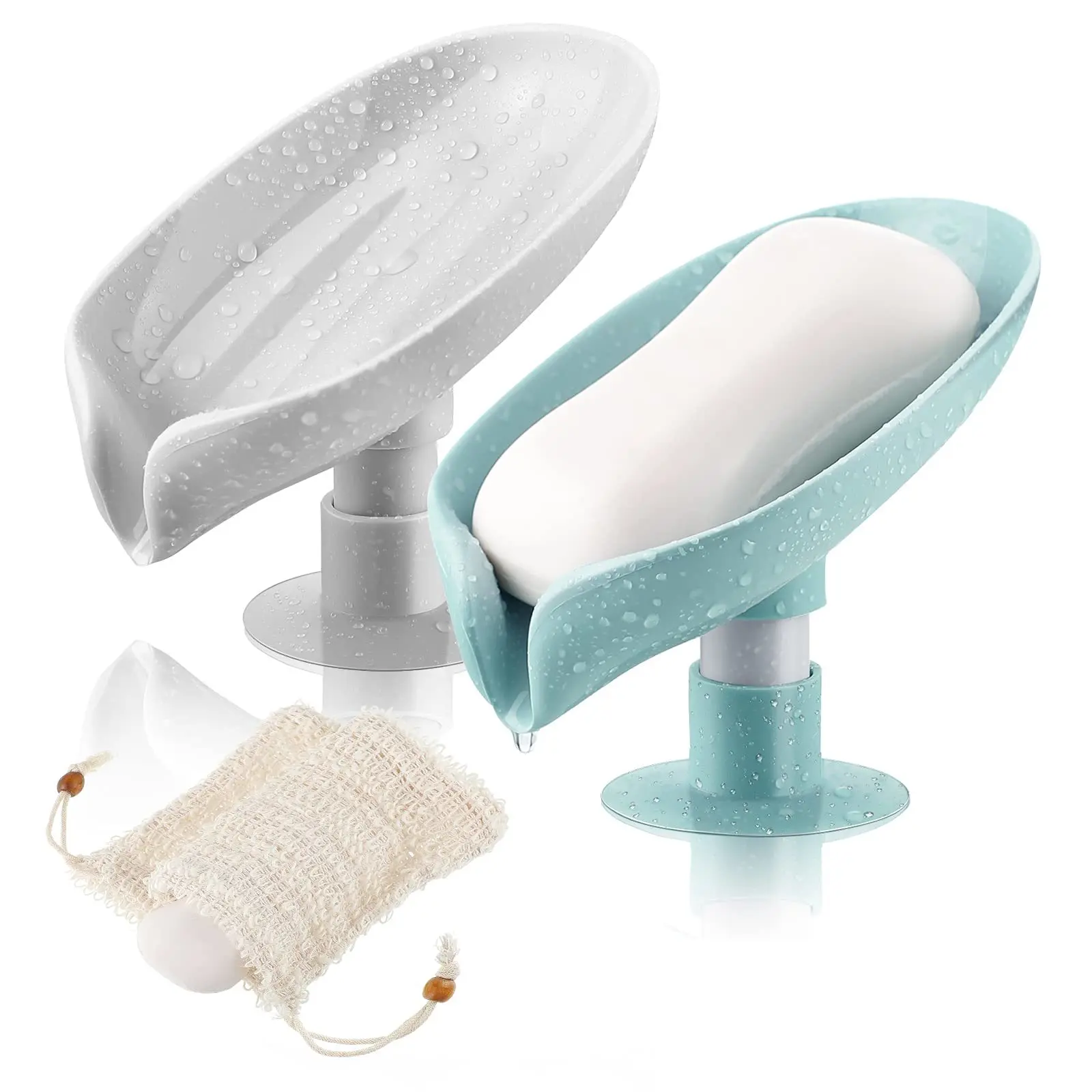 

4PCS Leaf Shape Soap Dish and Sisal Soap Bags Self Draining Soap Saver Bathroom Shower Plastic Bar Soap Holder with Suction Cup