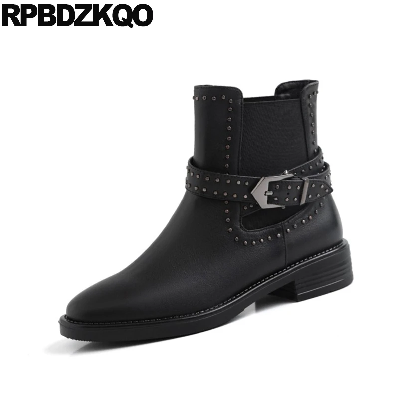 Женские байкерские ботильоны челси с заклепками Черные полусапожки круглым