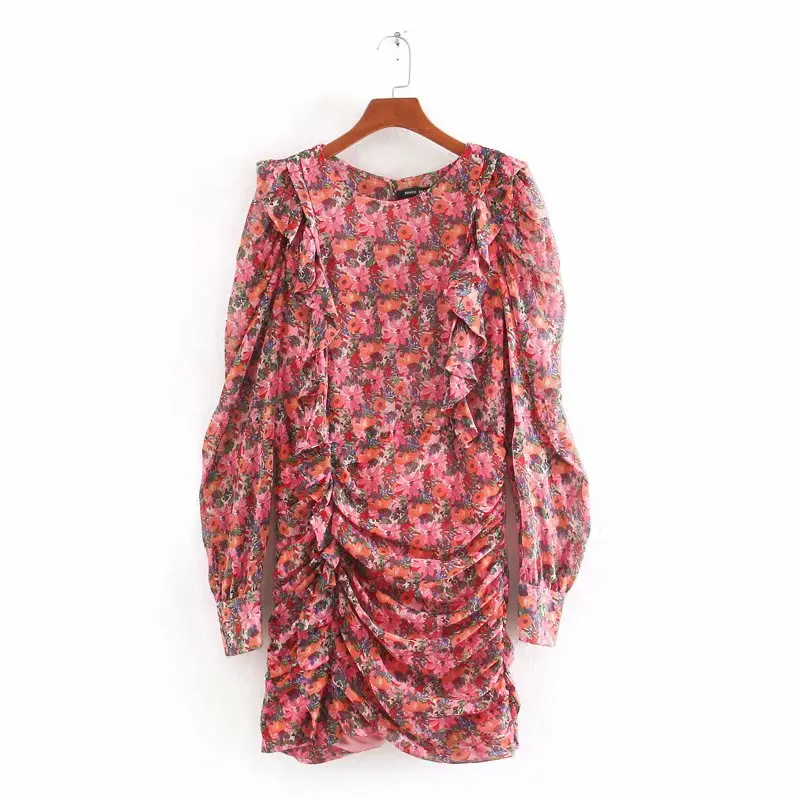 Шифоновое Плиссированное мини-платье для женщин модные платья с круглым вырезом