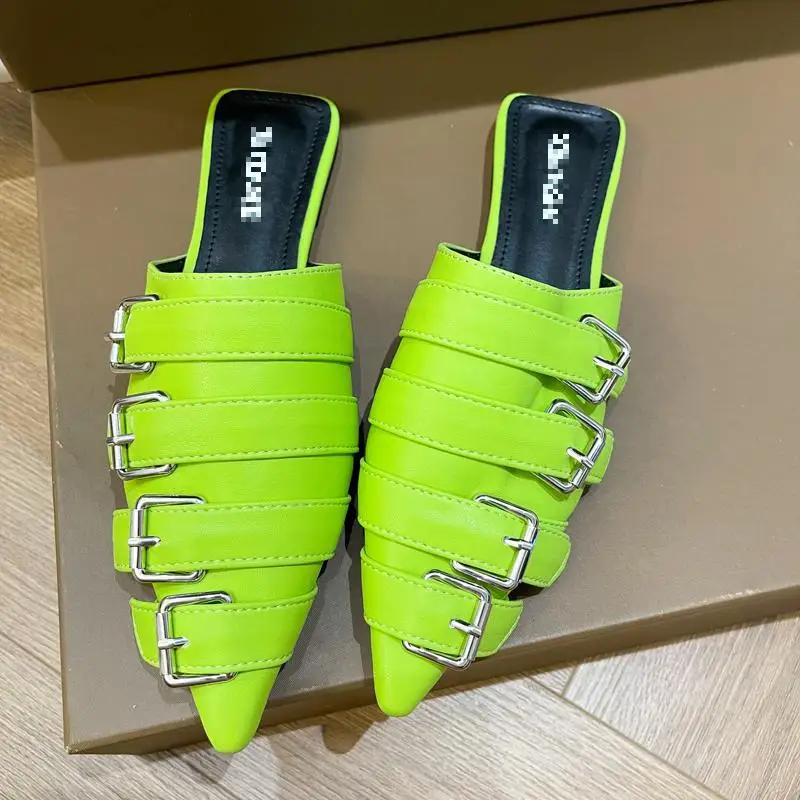 

Casual Flats Slippers Green Pointed Toe Women's Slides Fashion 2021 Summer New Belt Buckle Flat Shoes Baotou Muller Shoes Sandal