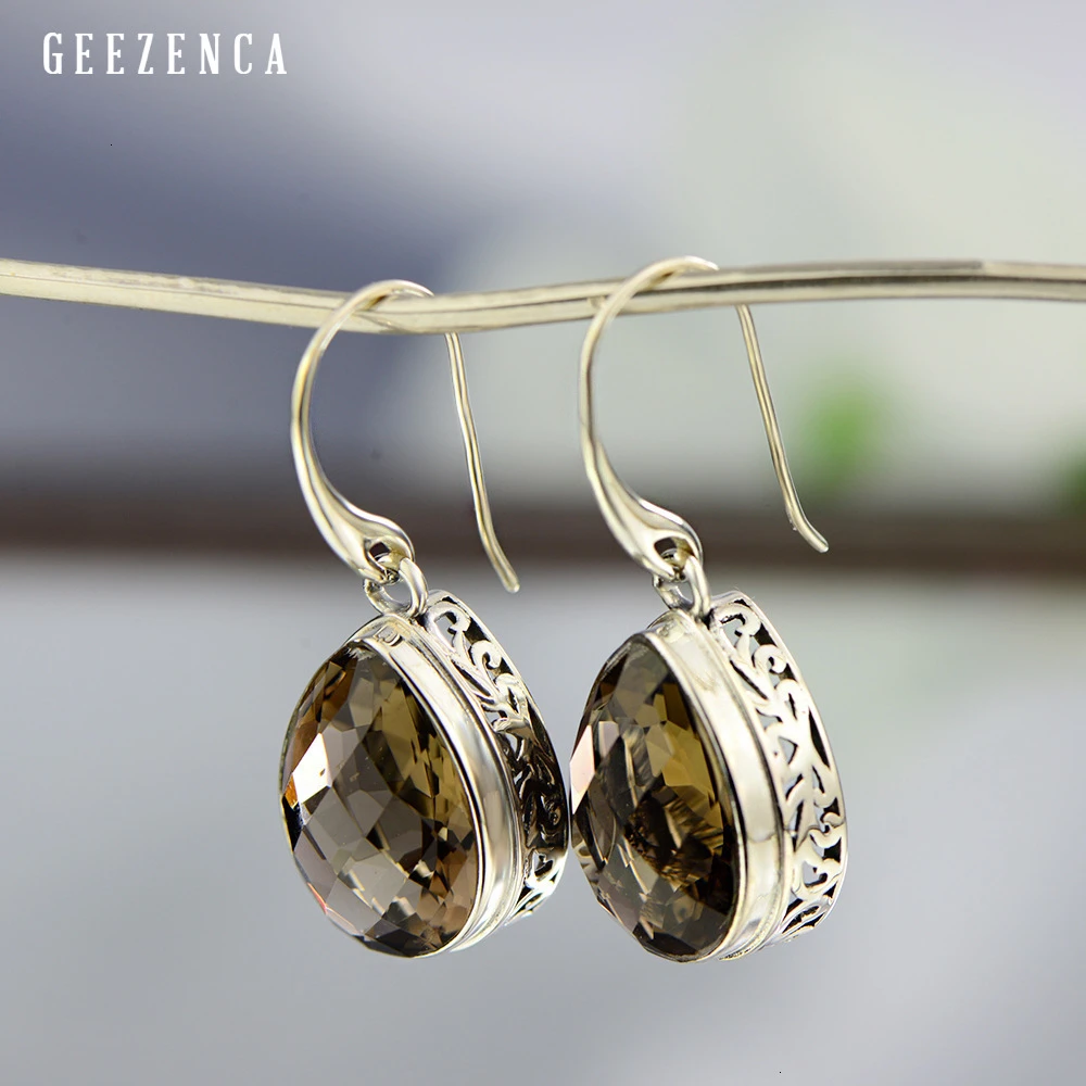 

Trendy Vintage 925 Sterling Silver Smoky Quartz Earrings For Women Retro Handmade Water Drop Gemstone Earring Fine Jewelry Gift