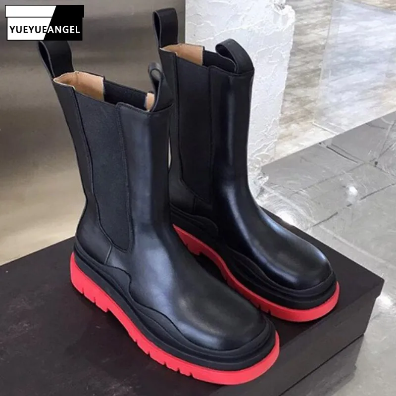 

Classic Chelsea Boots Autumn Winter Women Platform Real Leather Shoes Fashion Elastic Slip-On Round Toe Black Motorcycle Boots