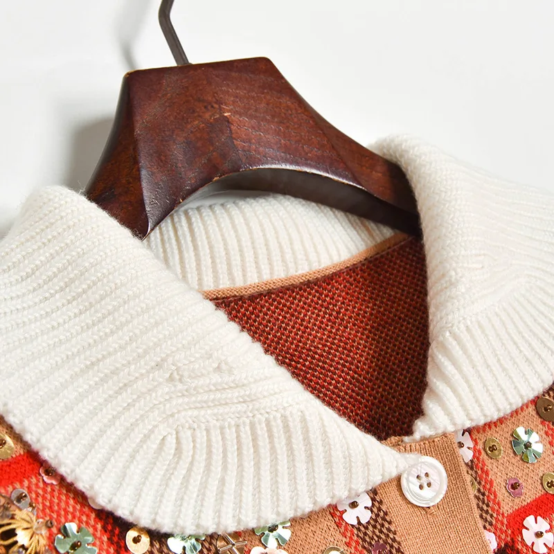

Knitted Sweater Women Autumn Winter Clothes 2020 New Vintage Sequined Beading Red Plaid Cardigan Mujer Short Runway Designer