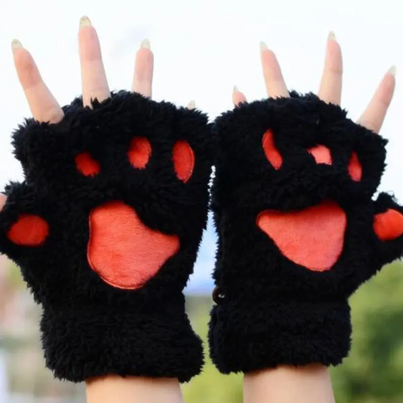 

Women Bear Plush Cat Paw Claw Gloves Winter Faux Fur Cute Kitten Fingerless Mittens Gloves Christmas Halloween for Womens Girls