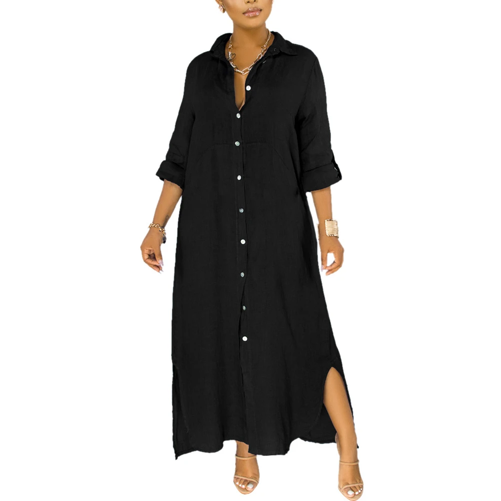Женское летнее Элегантное Длинное Платье рубашка с длинными рукавами и