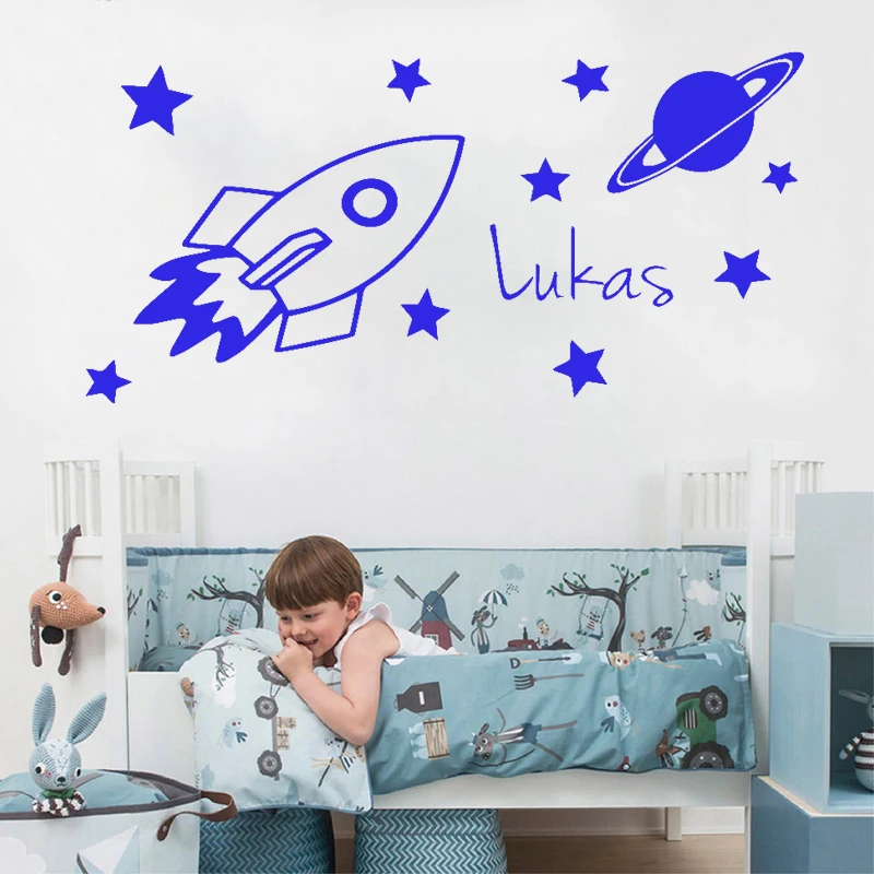 

Spaceship Wall Sticker Boys Kids Room Decoration Custom Name Decal Stars Spacecraft Art Mural Babys Bedroom Wall Decor Removable