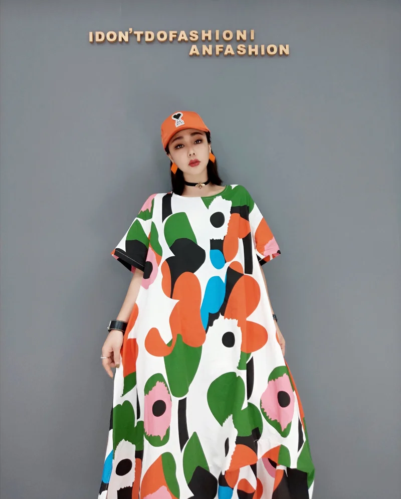 

Vefadisa Fashion Colorful Print Women Dress 2021 Summer Print Long Dress Short Sleeve Stitching Color Female Dress QYF5952