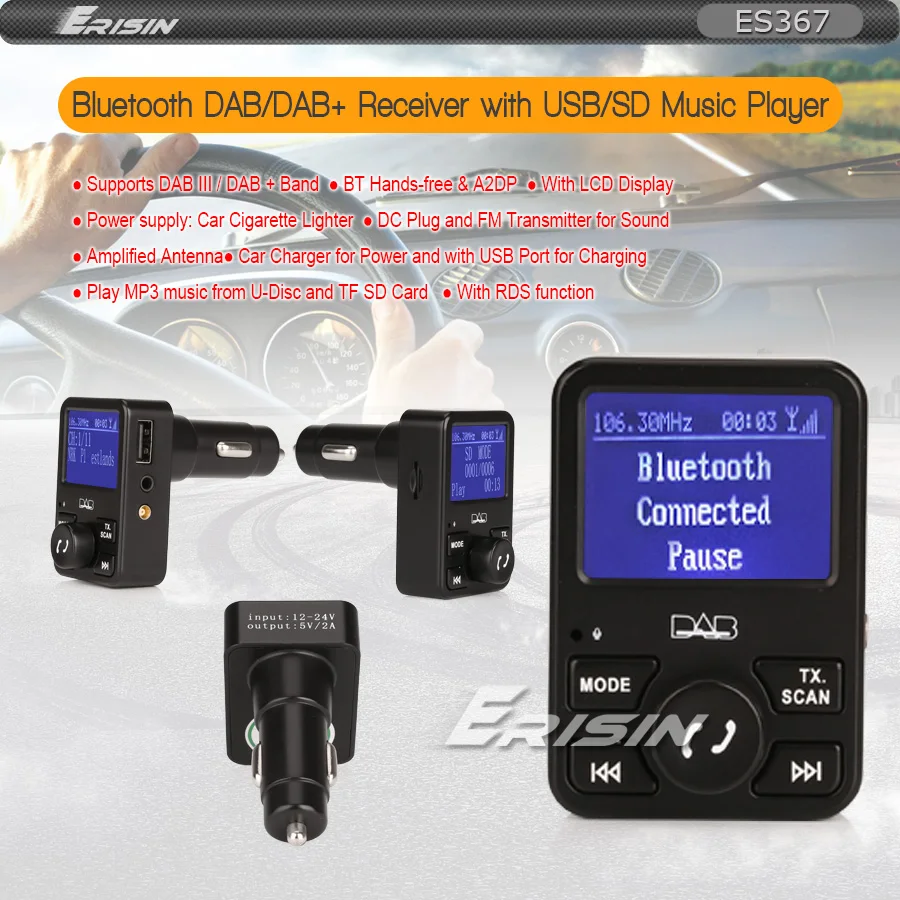 Erisin ES367 автомобильное радио стерео DAB+ цифровой приемник Bluetooth USB зарядное устройство дуплексный MP3 A2DP RDS