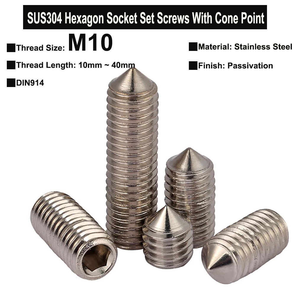 

5Pcs/2Pcs M10x10mm~40mm SUS304 Stainless Steel Hexagon Socket Set Screws With Cone Point Headless Screws Grub Screw DIN914