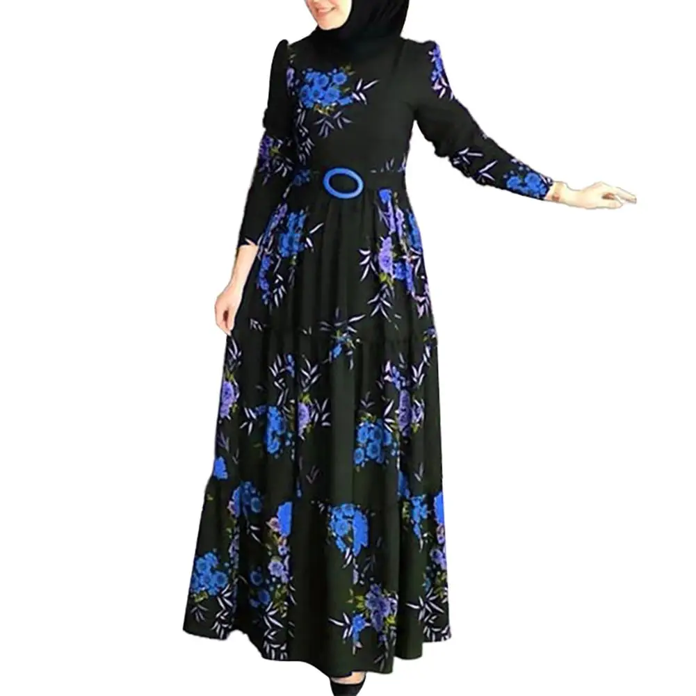 

Women Long Sleeve Muslim Abaya Dress Ethnic Floral Print Belt Maxi Kaftan Robe Spring Cotton Linen Gown Robe Dresses