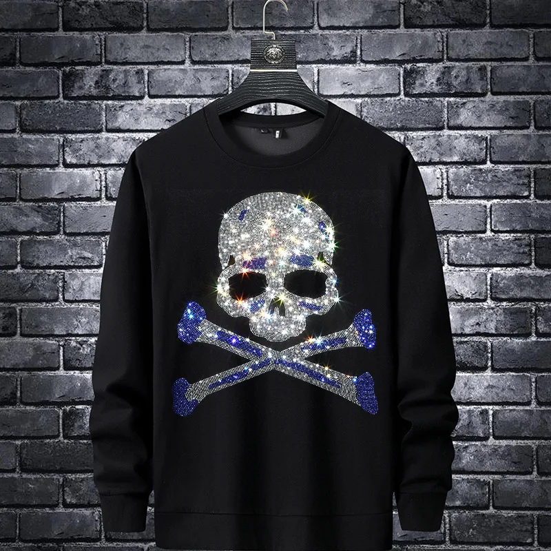 

2021 Glittering Skull Rhinestones Mens Hoodies Sweatshirt Fashion Streetwear Pullover Hoodie O Neck Cotton Men Autumn Clothes