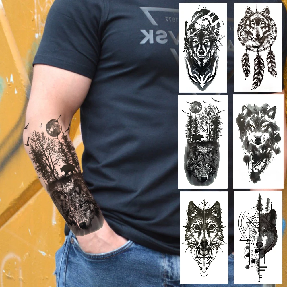 Spray Wolf Fake Temporary Tattoo For Men Women Realistic Dreamcatcher Tattoos Geometric Forest Arm Legs Waterproof Tatoos Sheets | Красота и