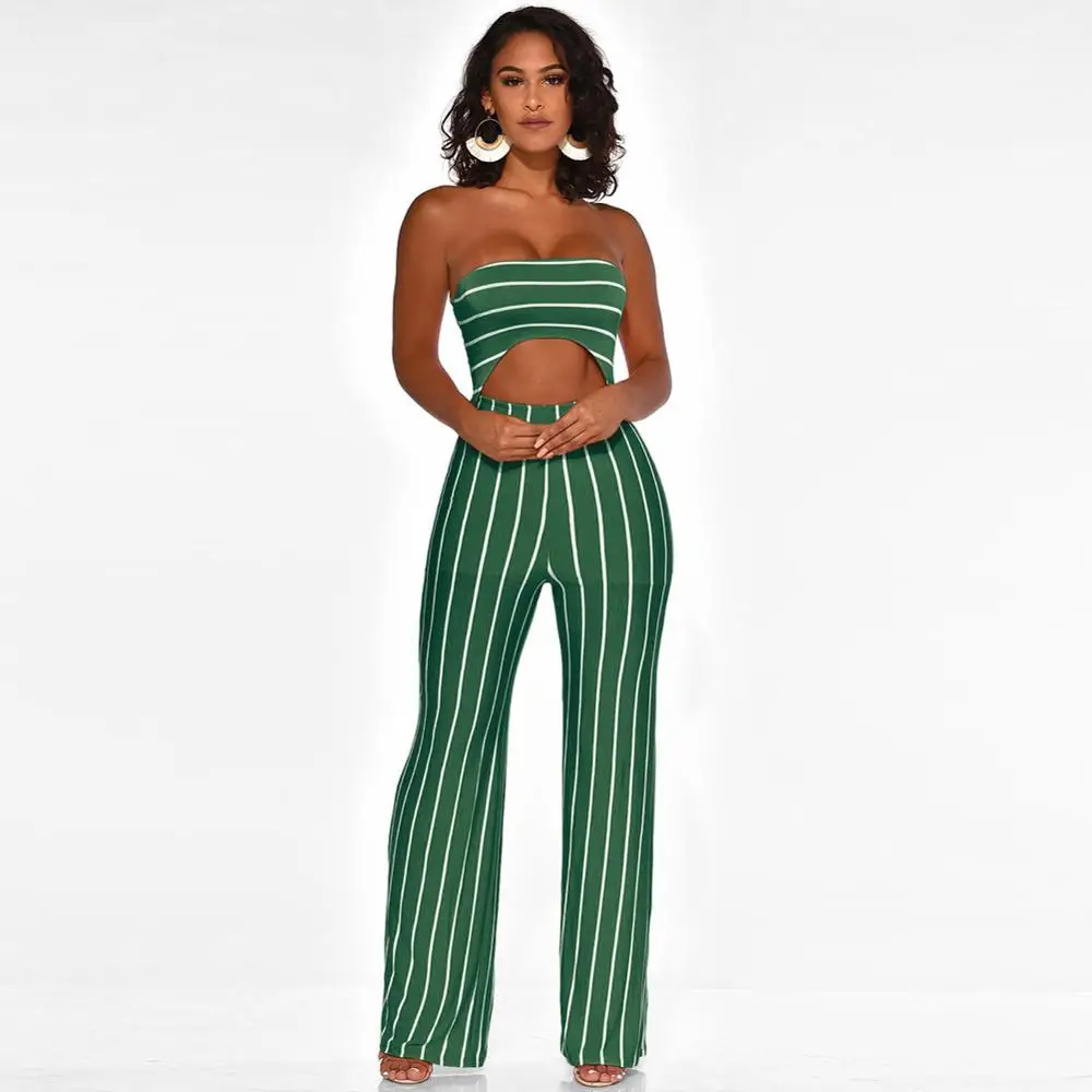 

Wholesale High Street Fashion Summer Sexy Women Vertical Print Straight Long Jumpsuit Hollow-out Rompers Femme Catsuit
