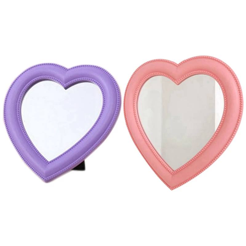 

2 Pcs INS Love Makeup Mirror Desktop Mirror Wall Mounted Dual-Use Makeup Mirror Heart-Shaped Mirror, Purple & Pink