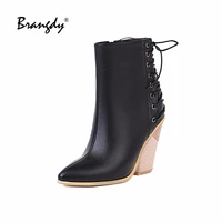 brangdy classical women western boots soft pu pointed toe women thick heel shoes punk cross tied women ankle boots zipper wedges