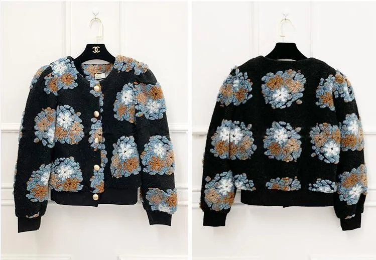 

Korean Lamb Wool Women Coat Flocking Flowers Puff Sleeve Chaqueta Mujer Elegant Vintage Ladies Thicken Warm Fashion Jackets 2020