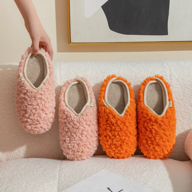 

Women Home Furry Slippers Indoor Cozy Plush Cotton Slides Warm Winter Soft Bottom Shoes Couples Non-Slip Silent Flat Slippers