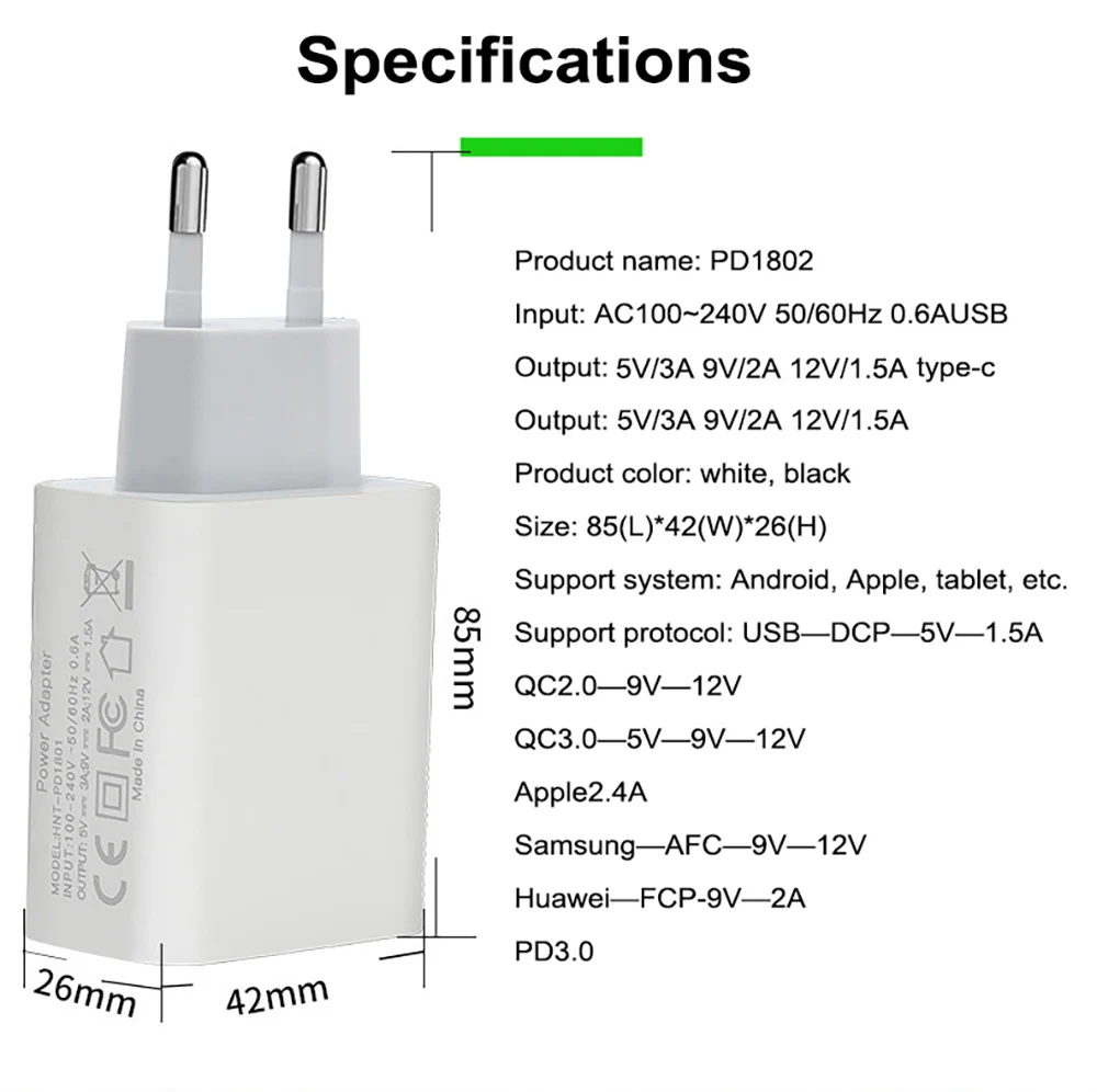 

18W Quick Charger PD Adapter USB Type C/A Port Support PD 2.0 3.0 & QC 2.0 3.0 Charging Standard , US EU UK Plug For Cell Phone