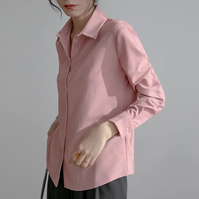 Women's Blouse Turn-down Collar Shirt Top Loose Long Sleeve Top Solid Color Women Clothes Plus Size