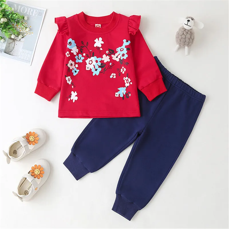 

2021 Baby Girl Shirt Pants Suit Flower Printed Round Neck Long Sleeve Ruffle Top Pant 2pcs Spring Outfits Infant Clothing