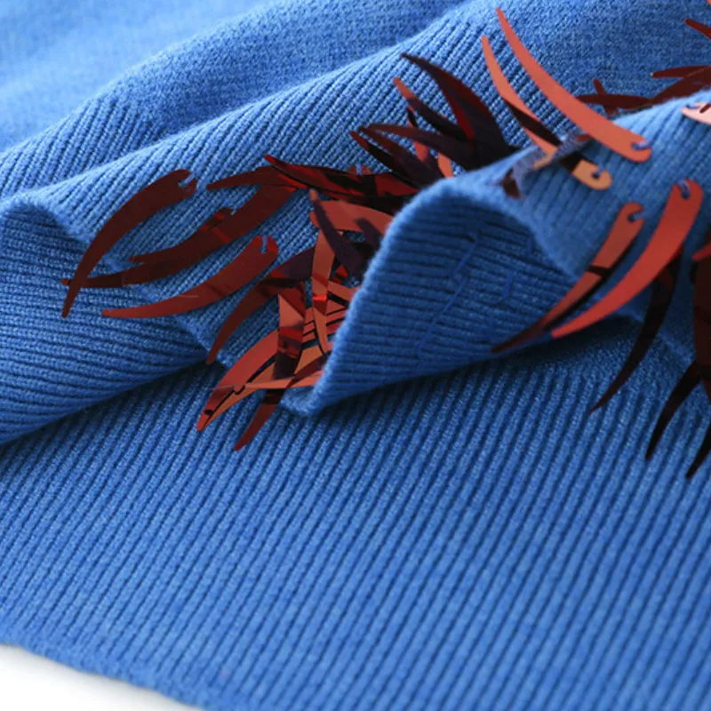 New Autumn Winter Women Sweaters And Pullovers Knitted Appliques Beading Embroidery O Neck Jumpers Female Outfits Sky Blue | Женская