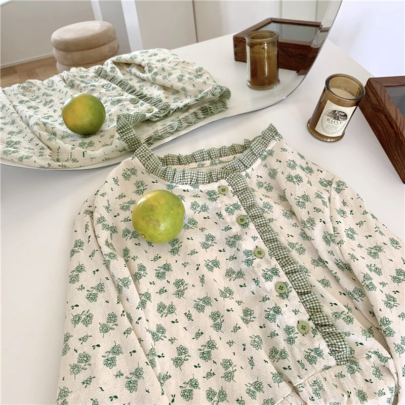 

spring print 100% cotton nightgown long sleeve sleepwear women home clothes dress ruffles loose straight sleeodress pajamas Y306