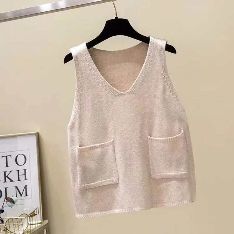 Женский вязаный жилет с карманами Свободный Повседневный студенческий пуловер