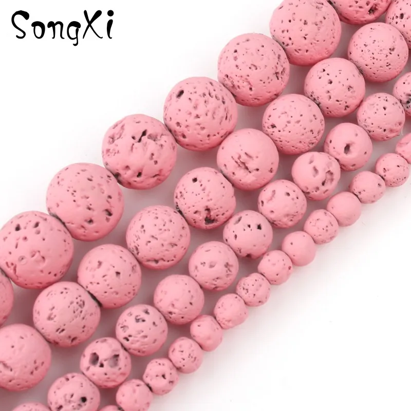 Натуральный розовый камень лавы вулканический Круглые бусины для браслета