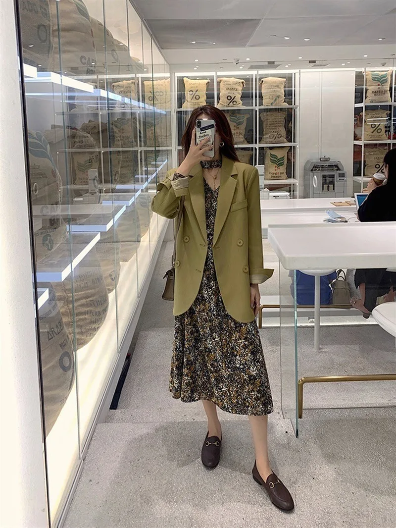

Women 2021 Marble Floral Printed Dress Korean Autumn Chiffon Long Dress Vintage Chic Retro Long Sleeve V Neck Slim Fit Vestidos