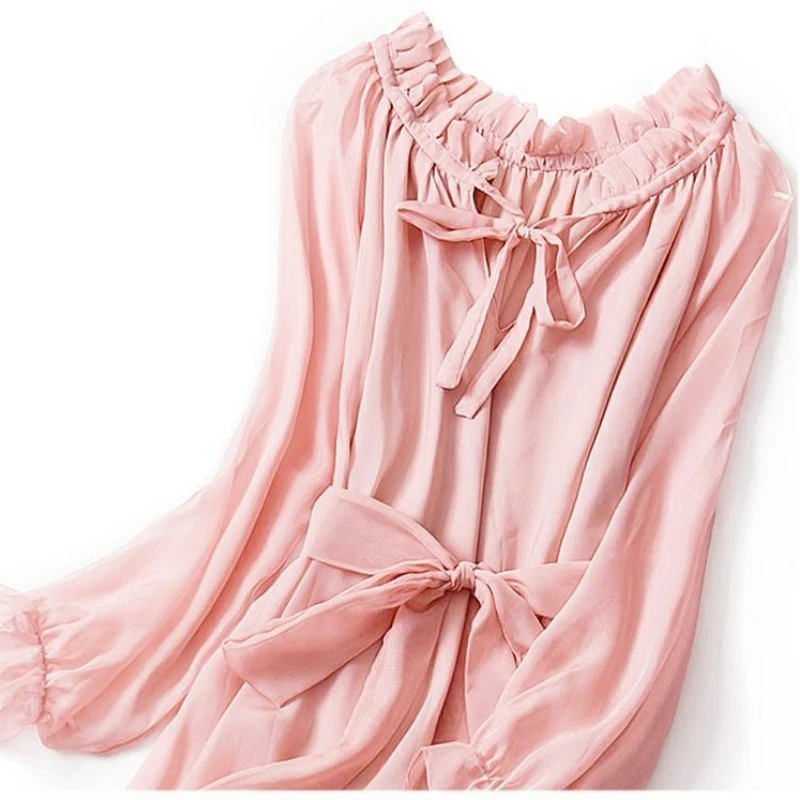 

Women's spring and autumn Pink Chiffon Dress 2021 spring and summer new mid long style loose Long Sleeve Dress