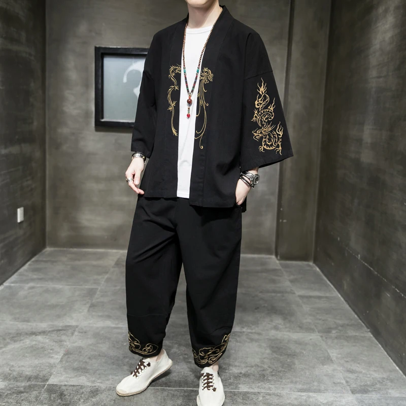 

M-5XL Fashion Harajuku Summer Streewear Dragon Embroidery Casual Chinese Kung Fu Uniforms Male Japanese Style Kimono Set XXXXXL