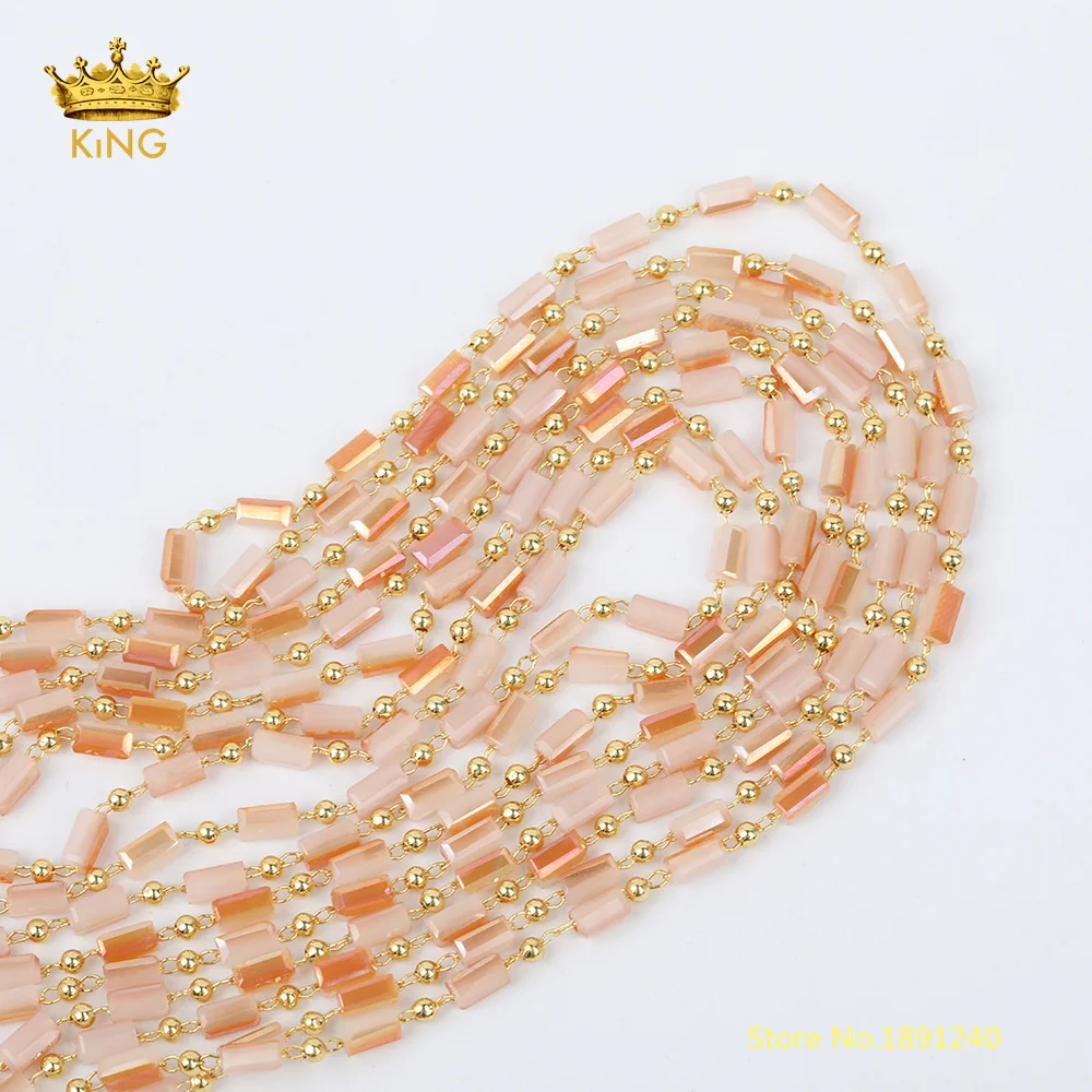 

5meters 2x5mm Small Rectangle Glass Beaded Chains Findings,Champagne Crystal Glass Wire Wrapped Gold Charms Chains DIY Chokers